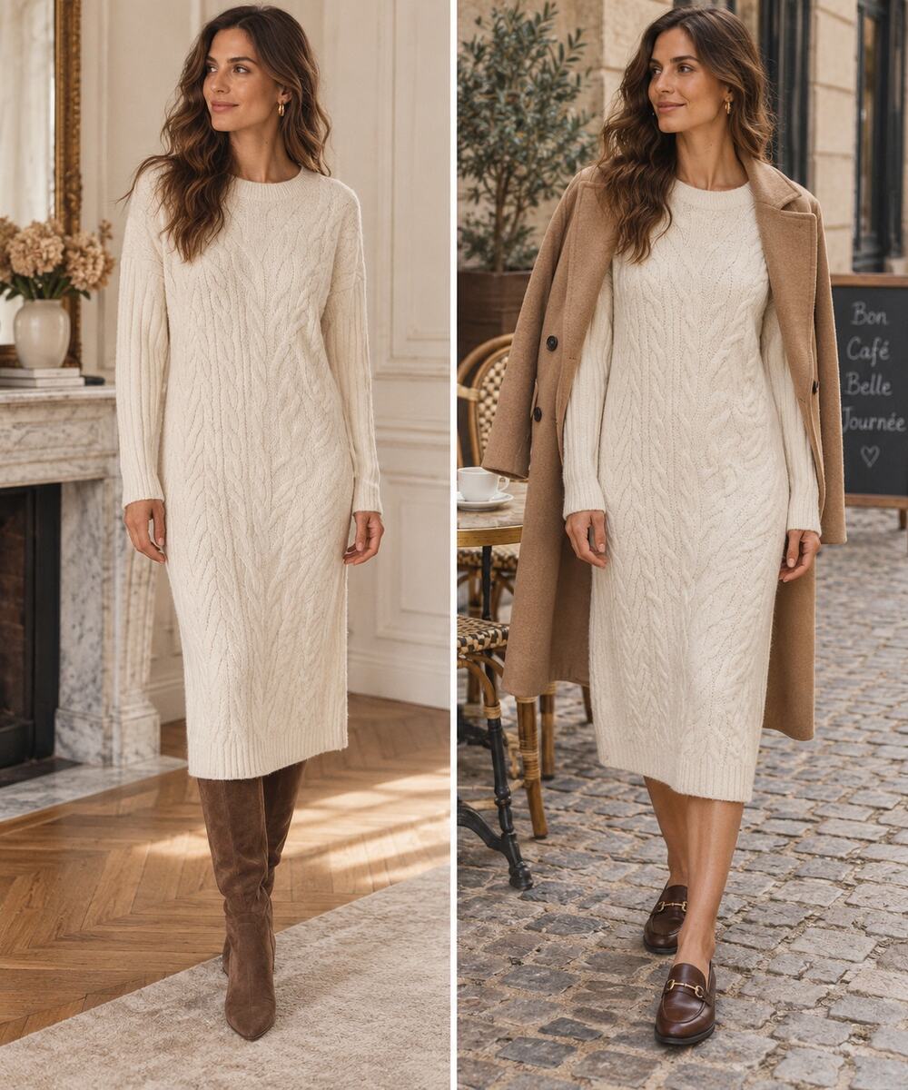 Nordstrom Wool Sweater Dress L Ivory Cable Knit Long Sleeve Midi Quiet Luxury
